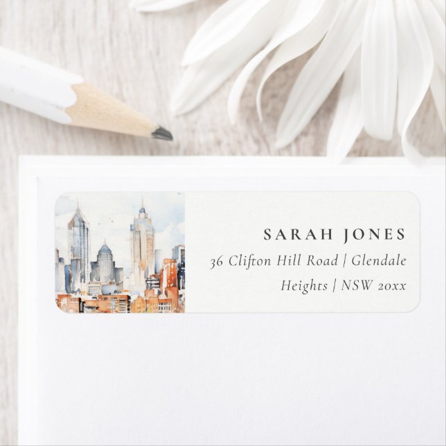 Elegant Denver Colorado Skyline Watercolor Address Label (Insitu)