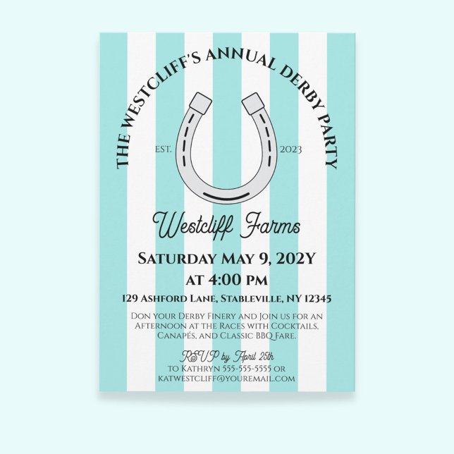 Elegant Derby Party Blue Cabana Stripe Horseshoe Invitation (Duck Egg Blue Cabana Stripes Horseshoe Derby Horse Racing Party Invitation)