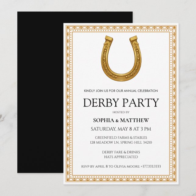 Elegant Derby Party Invitation with Gold Horseshoe (Front/Back)
