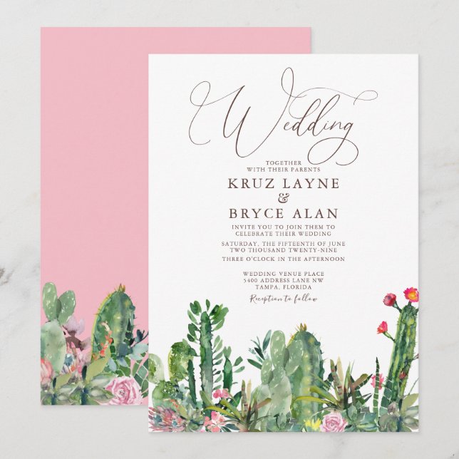 Elegant Desert Cacti Succulents Wedding Invitation (Front/Back)