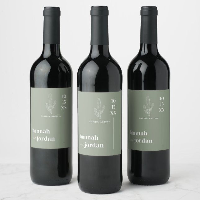Elegant Desert | Cactus Green Personalized Wedding Wine Label (Bottles)