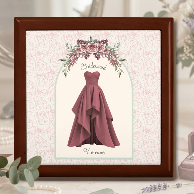 Elegant Desert Rose Bridesmaid Wood Keepsake Gift Box (Luxe Desert Rose Bridesmaid keepsake box in golden oak, a personalized heirloom for your squad.)