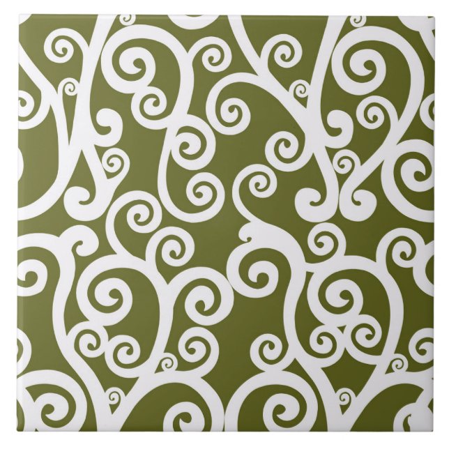 Elegant design, floral pattern, olive green, white ceramic tile (Front)