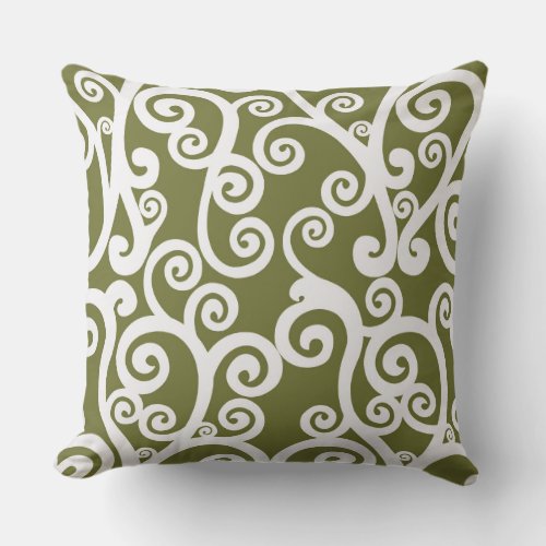 Elegant design floral pattern olive green white outdoor pillow