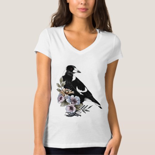 Elegant design of Magpie bird and flowers T_Shirt