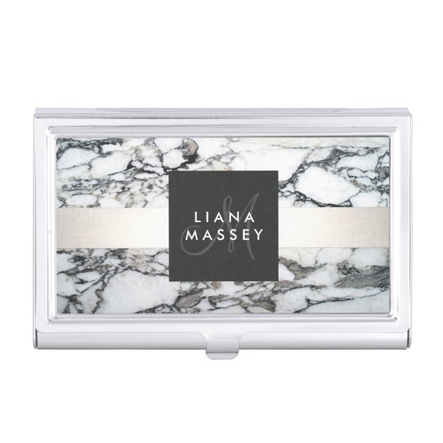 Elegant Designer Black and White Marble Monogram Business Card Case (Front)