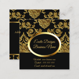 Elegant Designs Gold Damask Floral On Black Square Business Card