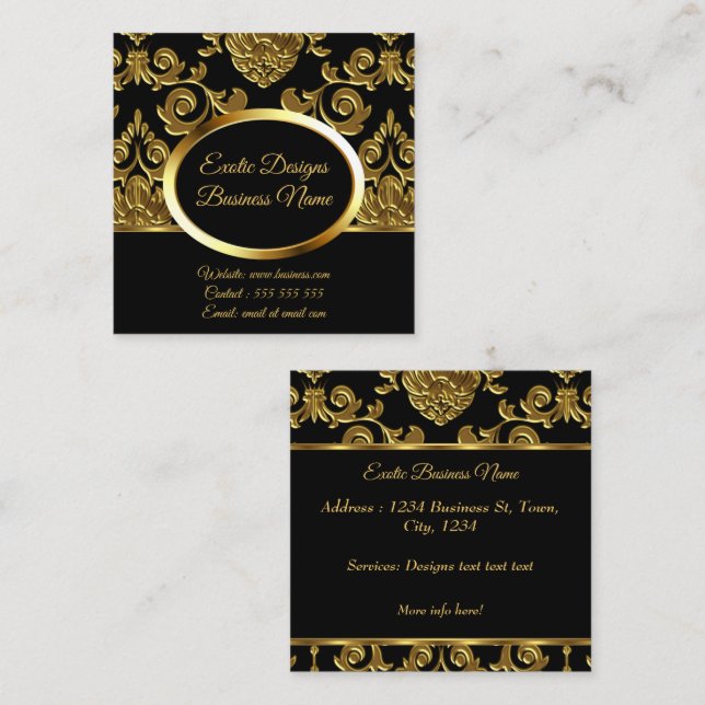 Elegant Designs Gold Damask Floral On Black Square Business Card (Front/Back)