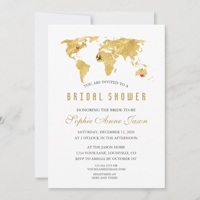 Elegant Destination Gold World Map Bridal Shower Invitation (Front)