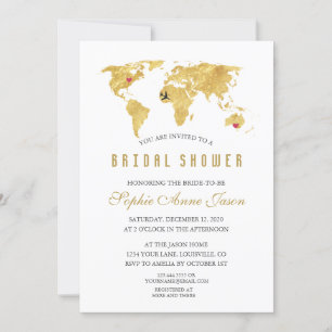 Elegant Destination Gold World Map Bridal Shower Invitation