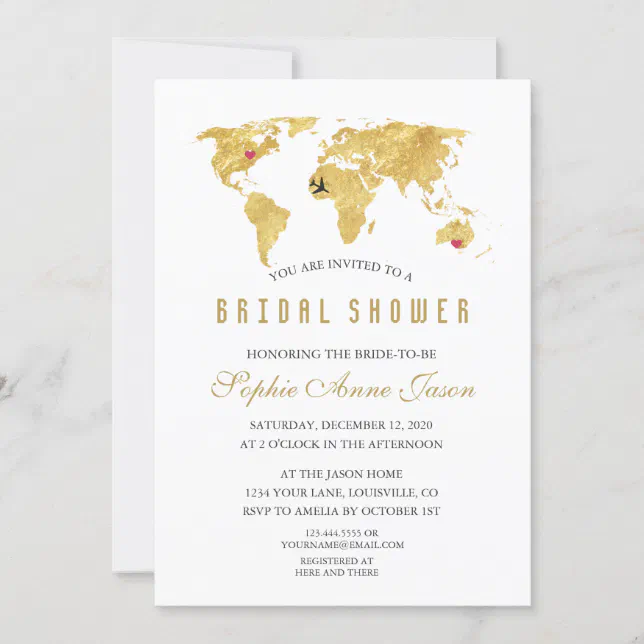 Elegant Destination Gold World Map Bridal Shower Invitation | Zazzle