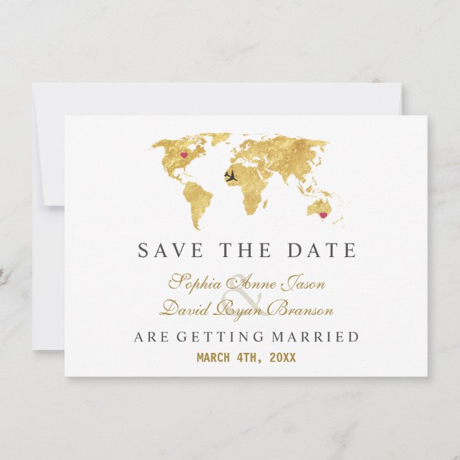 Elegant Destination Gold World Map Wedding Save The Date (Front)