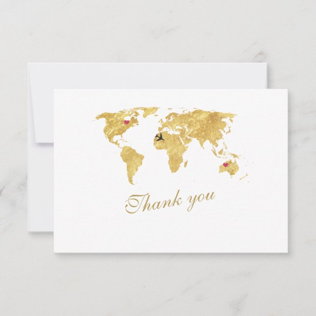 Elegant Destination Gold World Map Wedding Thank You Card (Front)