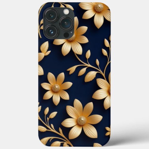 Elegant Detailed Dark Blue  Gold Floral Pattern  iPhone 13 Pro Max Case