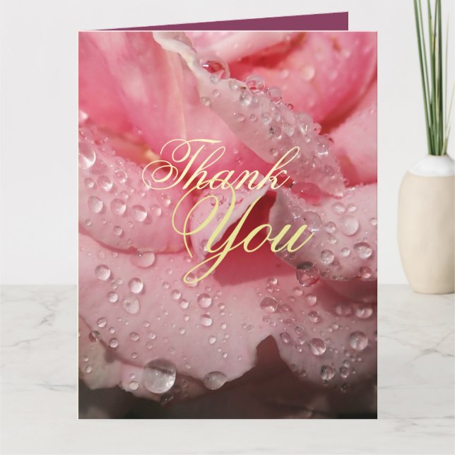 Elegant Dew Drops on Pink Rose Petal Maid of Honor Thank You Card (Front)