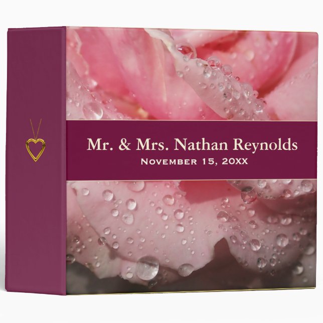 Elegant Dew Drops on Pink Rose Wedding Album 3 Ring Binder (Front/Spine)
