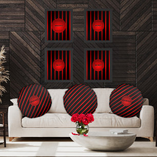 Elegant Diagonal Black Red Stripes Monogram Name Round Pillow