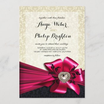 Elegant Diamante Satin Bow Wedding | Ivory Fuchsia Invitation by glamprettyweddings at Zazzle