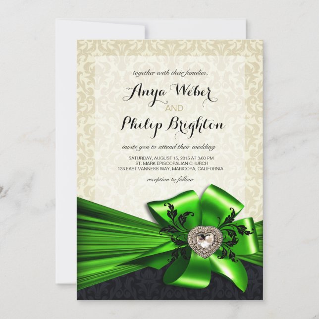 Elegant Diamante Satin Bow Wedding | ivory green Invitation (Front)