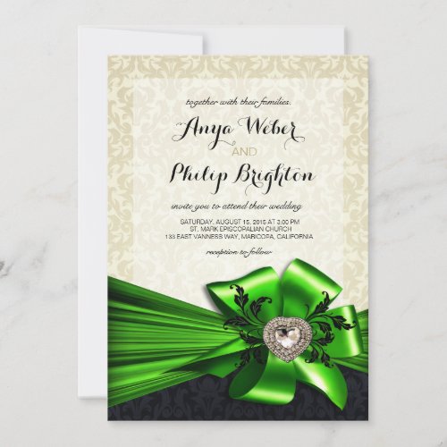 Elegant Diamante Satin Bow Wedding  ivory green Invitation