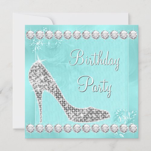 Elegant Diamond and Teal Blue Birthday Party Invitation
