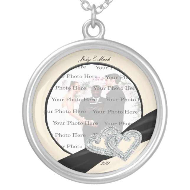 Elegant Diamond Black Ribbon Silver Round Necklace (Front)