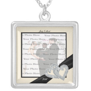 Elegant Diamond Black Ribbon SilverSquare Necklace