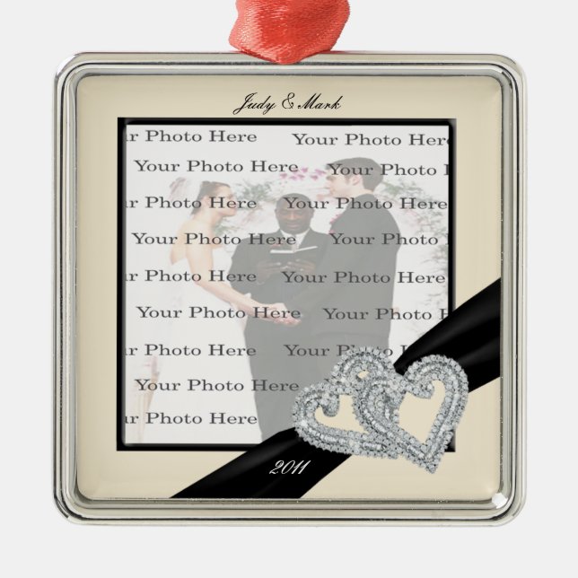 Elegant Diamond Black Ribbon SilverSquare Ornament (Front)