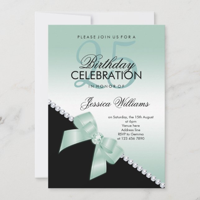 Elegant Diamond Bow, Aqua Marine & Black Birthday Invitation (Front)
