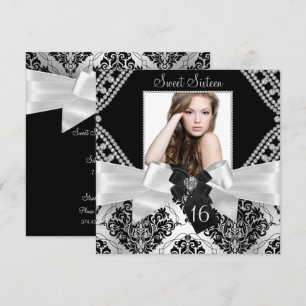 Elegant Diamond Bow Black Damask Photo Sweet 16 Invitation