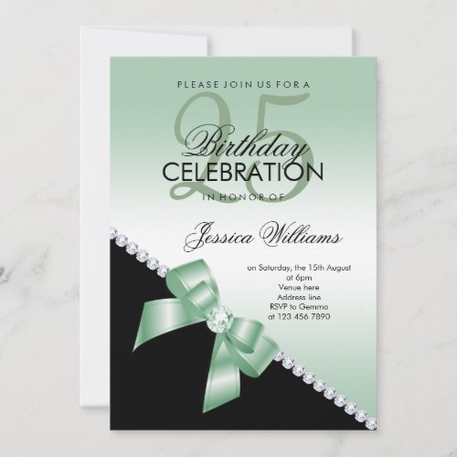 Elegant Diamond Bow Emerald  Black Birthday Invitation