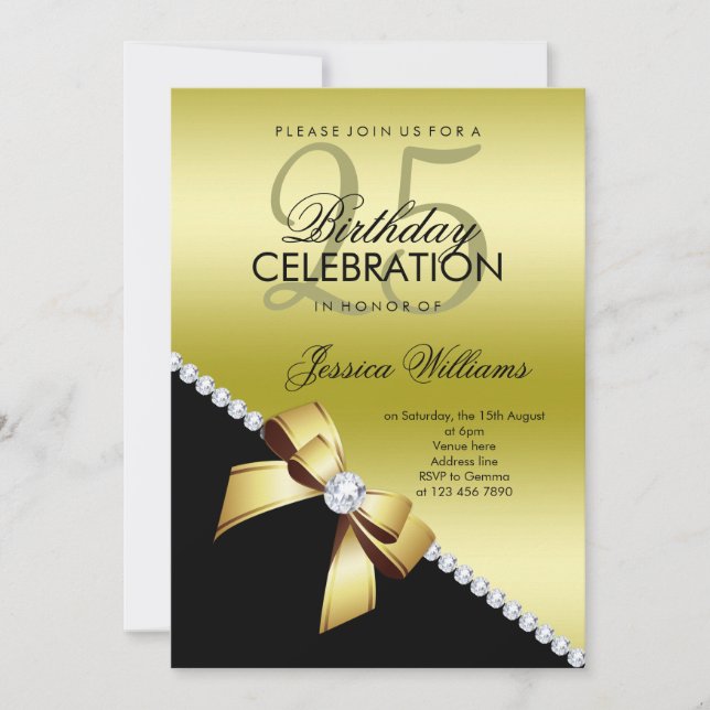 Elegant Diamond Bow, Gold & Black Birthday Invitation (Front)