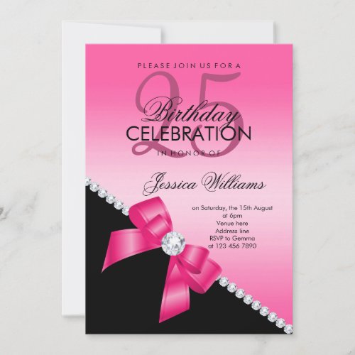 Elegant Diamond Bow Hot Pink  Black Birthday Invitation