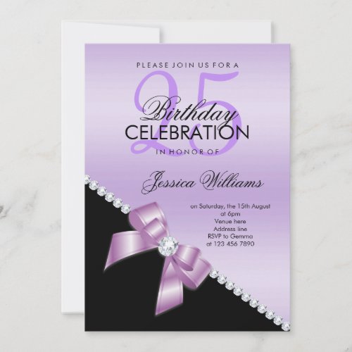 Elegant Diamond Bow Lilac  Black Birthday Invitation