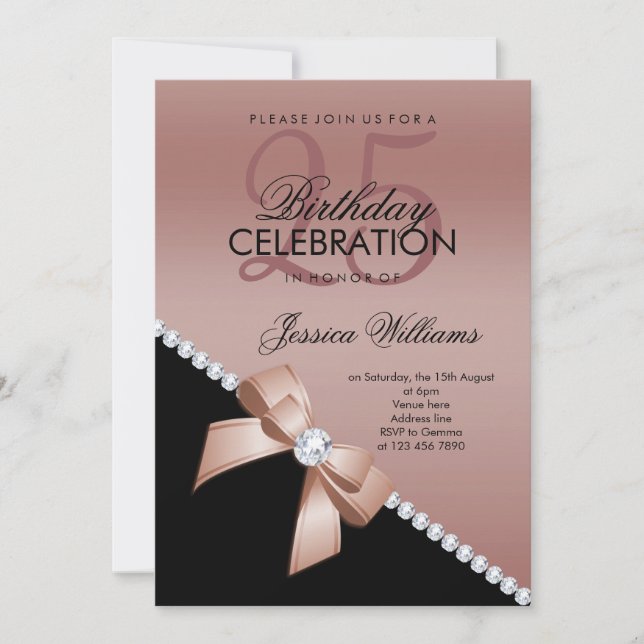 Elegant Diamond Bow, Rose Gold & Black Birthday Invitation (Front)