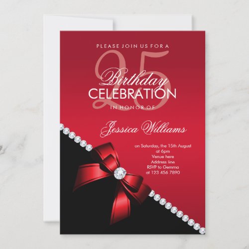 Elegant Diamond Bow Ruby Red  Black Birthday Invitation