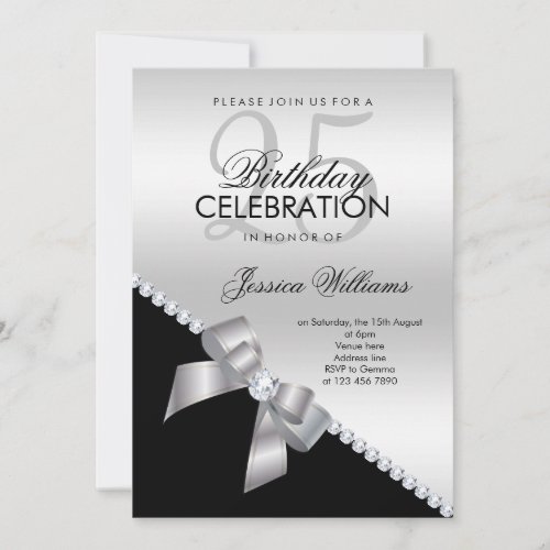 Elegant Diamond Bow Silver  Black Birthday Invitation