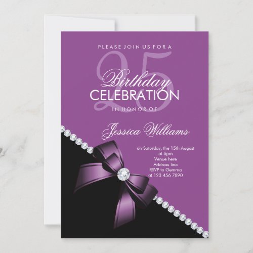 Elegant Diamond Bow Violet  Black Birthday Invitation