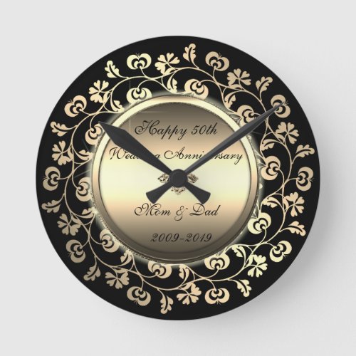 Elegant DiamondFloral 50th Wedding Anniversary Round Clock