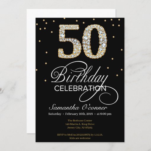 Elegant diamond gold black 50th birthday invitation | Zazzle