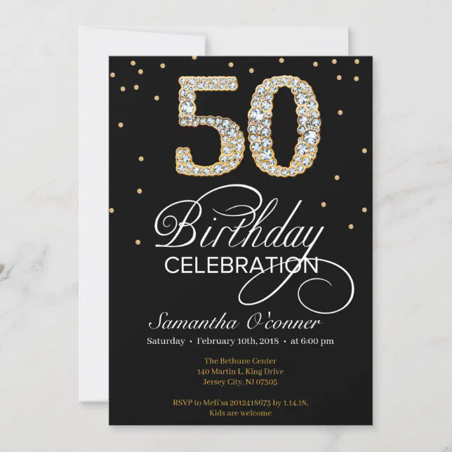 Elegant Diamond Gold Black 50th Birthday Invitation Zazzle