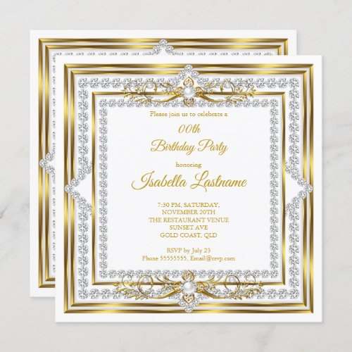 Elegant Diamond Gold White Pearl Birthday Party Invitation