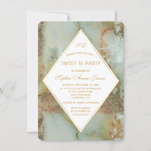 Elegant Diamond Green Marble SWEET 16 Party Invitation