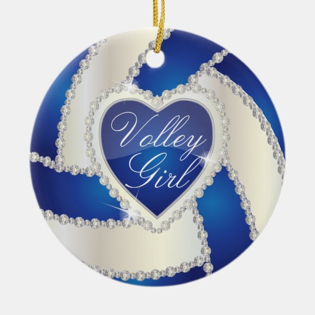 Elegant Diamond Heart Dark Blue Volleyball Ceramic Ornament (Front)