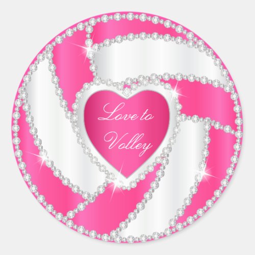Elegant Diamond Heart Hot Pink Volleyball Classic Round Sticker