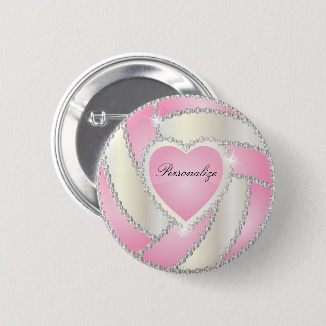 Elegant Diamond Heart Pink Volleyball Pinback Button (Front & Back)