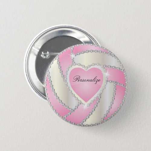 Elegant Diamond Heart Pink Volleyball Pinback Button