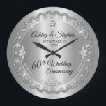 Elegant Diamond Jubilee 60th Wedding Anniversary Large Clock<br><div class="desc">Opulent elegance frames this 60th wedding anniversary design in a unique scalloped diamond design with center teardrop diamond with faux added sparkles on a silver colored gradient. Original design by Holiday Hearts Designs (rights reserved). Please note that all embellishments are printed and are only made to appear as real as...</div>