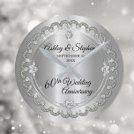 Elegant Diamond Jubilee 60th Wedding Anniversary Round Clock<br><div class="desc">Opulent elegance frames this 60th wedding anniversary design in a unique scalloped diamond design with center teardrop diamond with faux added sparkles on a silver colored gradient. Original design by Holiday Hearts Designs (rights reserved). Please note that all embellishments are printed and are only made to appear as real as...</div>