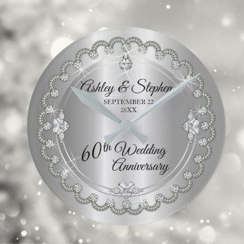 Elegant Diamond Jubilee 60th Wedding Anniversary Round Clock by holidayhearts at Zazzle